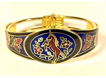 Chinese Enamel Cloisonne Unicorn Hinged Cuff Bracelet 1980s New Old Stock`