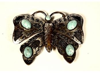 Nickel Over Brass Native American Style Vintage Butterfly Brooch