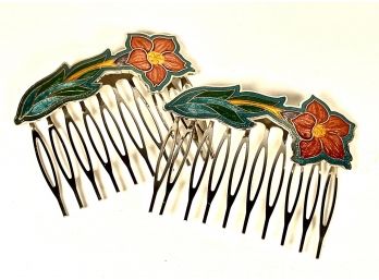 Pair New Old Stock Chinese Cloisonne Enamel Hair Combs W Flowers