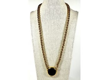 Large Vintage 1980s Napier Gold Tone Designer Necklace W Black Drop