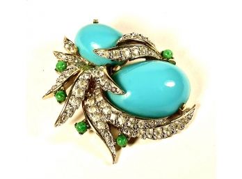 Signed Jomaz Rhinestone Faux Turquoise Gold Tone Brooch Pin Missing