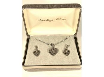 Sterling Silver Necklace Chain W Heart Pendant And Matching Earrings Original Box