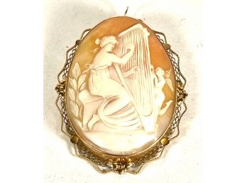 14K Yellow Gold Large Framed Carved Shell Cameo Woman With Harp Cherub Cupid