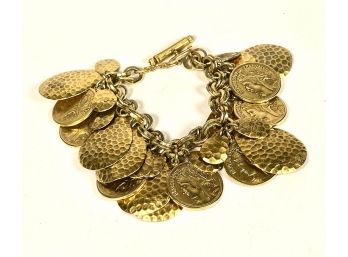 Designer Gold Tone Charm Bracelet W Neoclassical Coins And Wrought Dangles