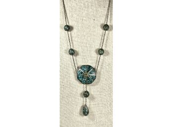 Antique Silver On Brass Turquoise Inlaid Necklace