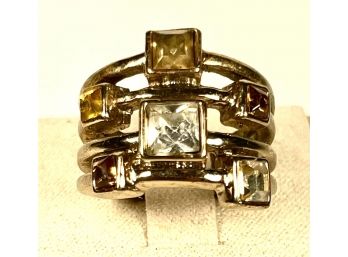 Vintage Gold Tone Ladies Ring W Square Colored Glass Stones