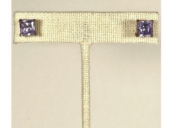 1980s Purple CZ Stone Square Pierced Earrings Gold Tone