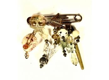 Safety Pin Brooch Hand W Beads Shells