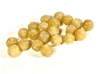 21 Antique Chinese Hand Carved Quartz Stone Beads With Characters