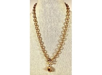 Vintage Gold Tone Designer Necklace W Red Stone Clasp Pendant