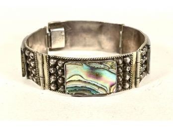 Vintage Mexican Sterling Silver Hinged Bracelet Abalone Shell Clasp Damaged