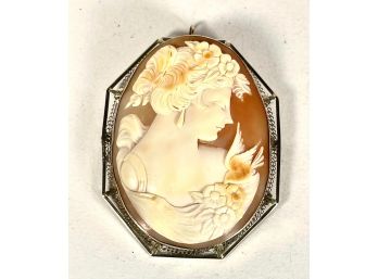 14K White Gold Large Hand Carved Shell Cameo Woman With Bird
