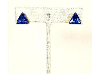 Gold Over Sterling Silver Blue Colored Triangle Shaped Pierced Earrings