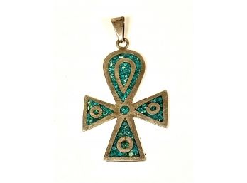 Mexican Sterling Silver Turquoise Inlay Ankh Pendant