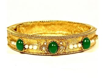 Vintage Gold Tone Bangle Bracelet Faux Pearl & Green Glass Stones