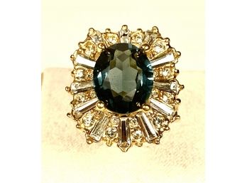 Gold Tone Cocktail Ring W Large Blue Stone And CZ Stones About Size 5