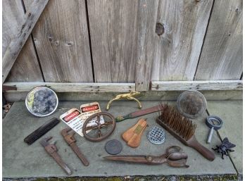 Grouping Of 17 Interesting Random Items Including A Pair Of Xl Large Scissors, Large Wire Brush And Mirrors