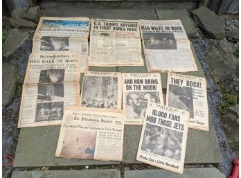 Collection Of 9 Old News Papers Man Walks On Moon, Korean War And NY Jets