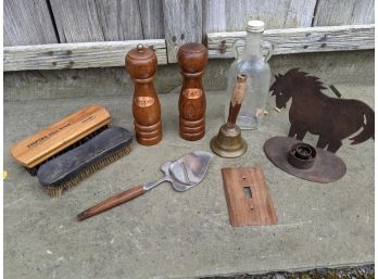 Grouping Of 9 Random Items Including Salt And Pepper Shakers, Cheese Slicer, Brushes And Bell.