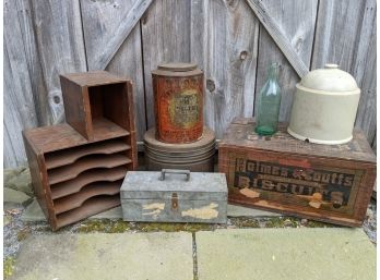 Grouping Of 7 Early Objects Including Biscuit Box, Tiger Tobacco Tin, Wood Organizer