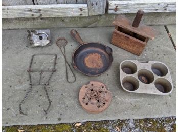 Grouping Of 7 Random Antique Kitchen Items Including A Cast Iron Pan, Mouse Trap, Muffin Pan