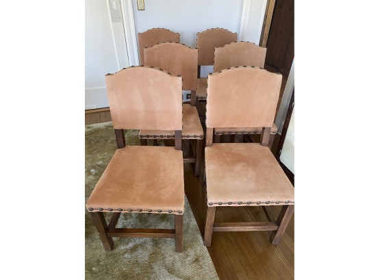 A Set Of 6 Custom Made Leather & Solid Wood Dining Chairs, Head Nail Details - Made In Vermont