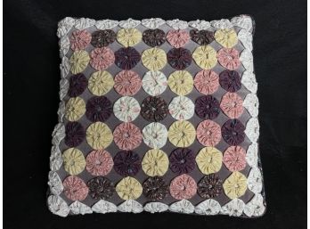 Handmade Folk Art Yoyo Quilt Pillow With Zipper Piping And Velvet