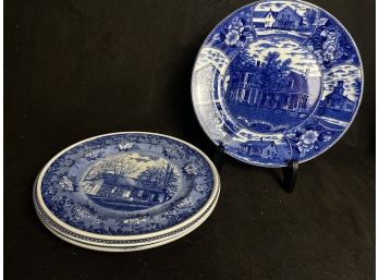 4 Vintage Blue Souvenir Plates From The NE US Including One Adams