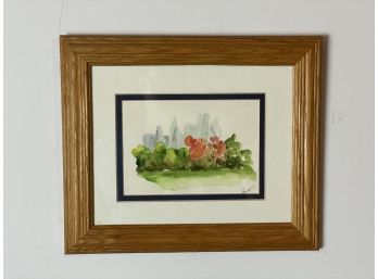 Original Signed Painting Of Flowers With A City In The Background