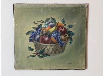 Sweet Original Signed Shabby Chic Antique Oil Painting Of A Basket Of Fruit