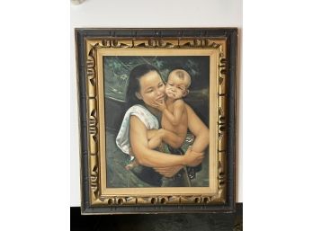 Original Signed Oil Portrait Of A Mother Holding A Baby