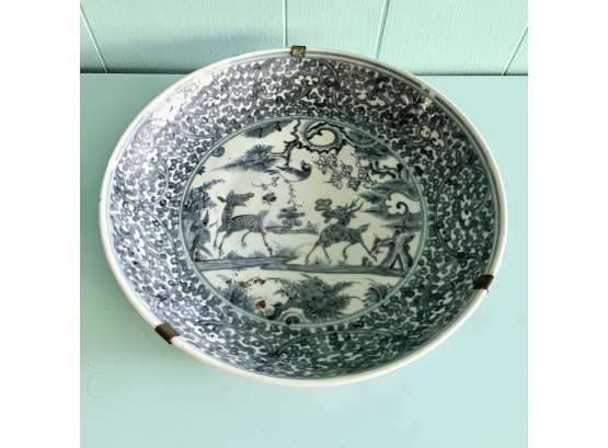 An Antique Chinese Porcelain Blue And White Large Flat Bowl - 13'