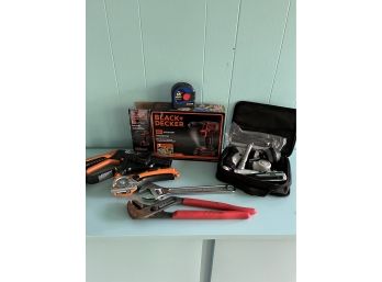 A Group Of Tools Including Black And Decker Drill And Worx Water Plaster