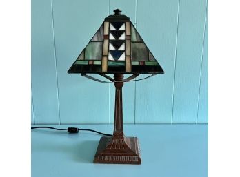 A Mission Style Replica Lamp - Plastic Stained Glass Shade And Metal Base