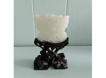 A Chinese Carved Jade Butterfly On Carved Rosewood Stand