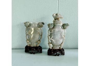 A Pair Of Chinese Finely Carved Jade Floral Bottles On Carved Stands
