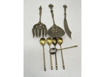 Unique Antique Set Of 5 Russian Silver-Gilt Niello Spoons And Italian Ornate Brass Servers