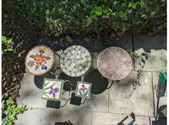 A Collection Of Five Wrought Iron Tables With Mosaic Tops