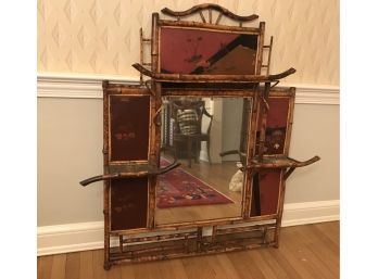 1880s Antique Bamboo Mirror With Candle Platforms Or Coat Rack - Lacquered Floral Panels & Leather Surfaces