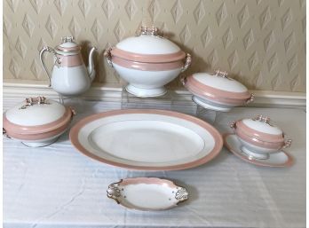 Circa 1860 Haviland 7PC Serving Pc Lot Pink Border W/Gold Accents - Platters, Bowls, Soup Tureen, Coffee Pot