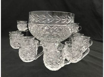 Waterford Crystal Glandore Pattern Footed Punch Bowl Set & 12 Crystal Handled Punch Cups - Ireland