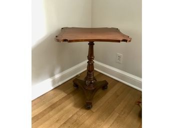 Antique Edwardian Light Mahogany Tripod Table - Carved Detail On Pedestal With Hand Painted Accents