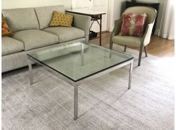 Mid-Century Modern Large Square Stainless Steel Base And Glass-Top Low Coffee Table