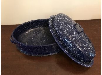 Large Vintage Blue Speckleware Enamel Roaster Pot With Lid