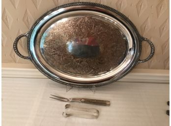 Wm Rogers Large Handled Butlers Tray Silver Over Copper, Personna Serving Fork And Ice Tongs