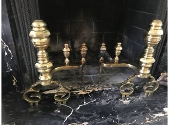 Antique Large Solid Brass Andiron Fireplace Set - Chippendale Style,Original Patina, Scroll Feet - Heavyweight