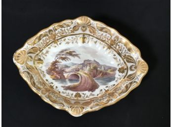 Gorgeous Handled Serving Bowl With Gold Leaf Edge And Center Scene - Made In Scotland