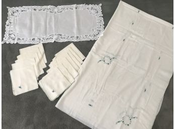Thin Cotton Embroidered Table Cloth, 12 Napkins And Embroidered Dresser Scarf