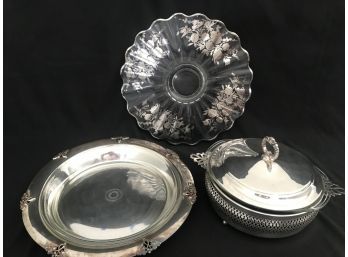 3PC Lot Of Silver Plate & Silver Overlay Serving & Entertaining Pieces