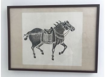 Large Chinese Tang Horse Rubbing Or Wood Block Print - Mounted On Board With Dense Wood Frame